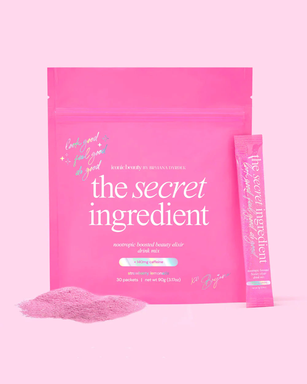 pink pouch, stickpack, loose powder, the secret ingredient